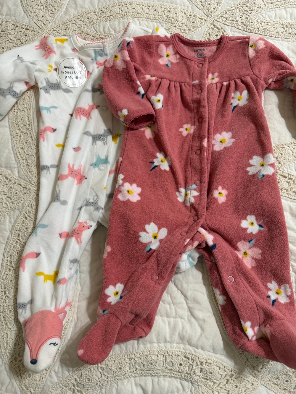 Set of 2 Carter's Floral/Fox Fleece Footed One-Piece/ Super Soft